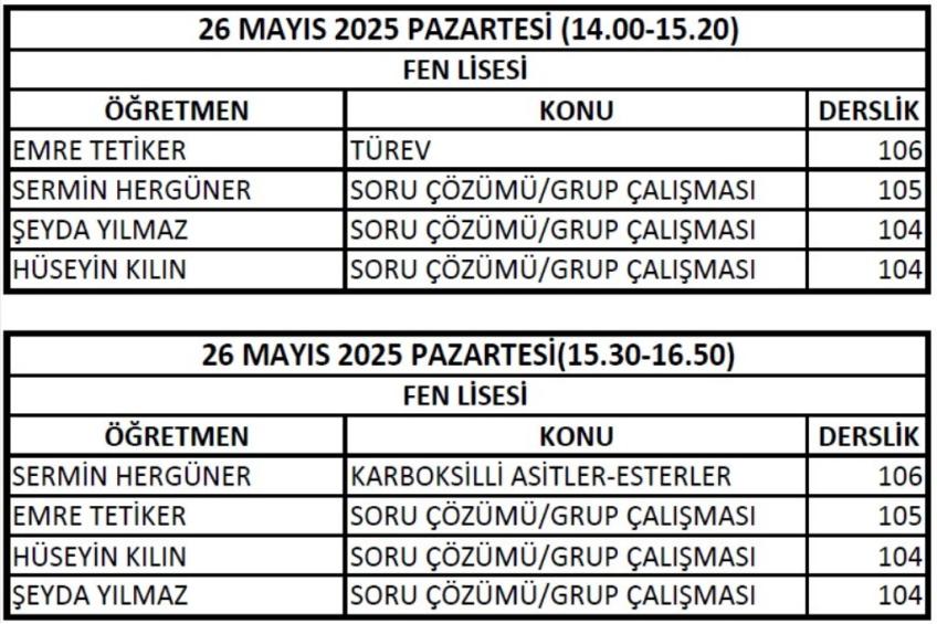 26 Mayıs 2025 DERS TAMAMLAMA PROGRAMI